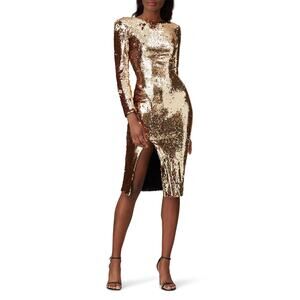 Dress the Population Natalie Gold Sequined Long Sleeve Sheath Dress Size Small